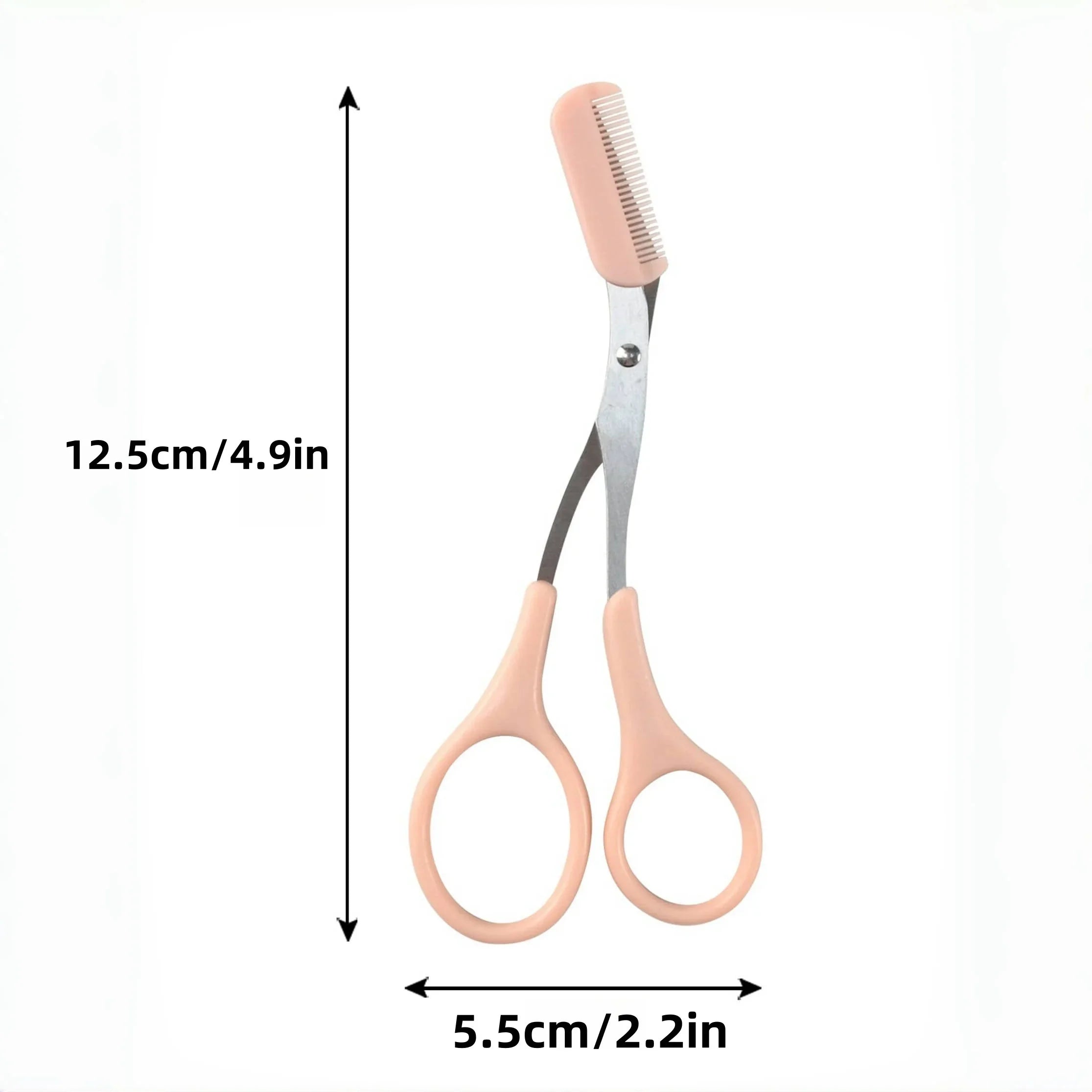 Eyebrow Trimming Scissors with Built-in Comb displayed with dimensions 12.5cm x 5.5cm for precise eyebrow grooming.